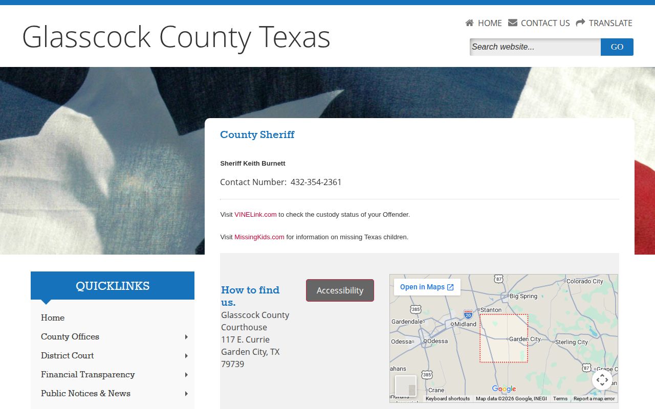 Glasscock County Sheriff release contact and VINELink referral
